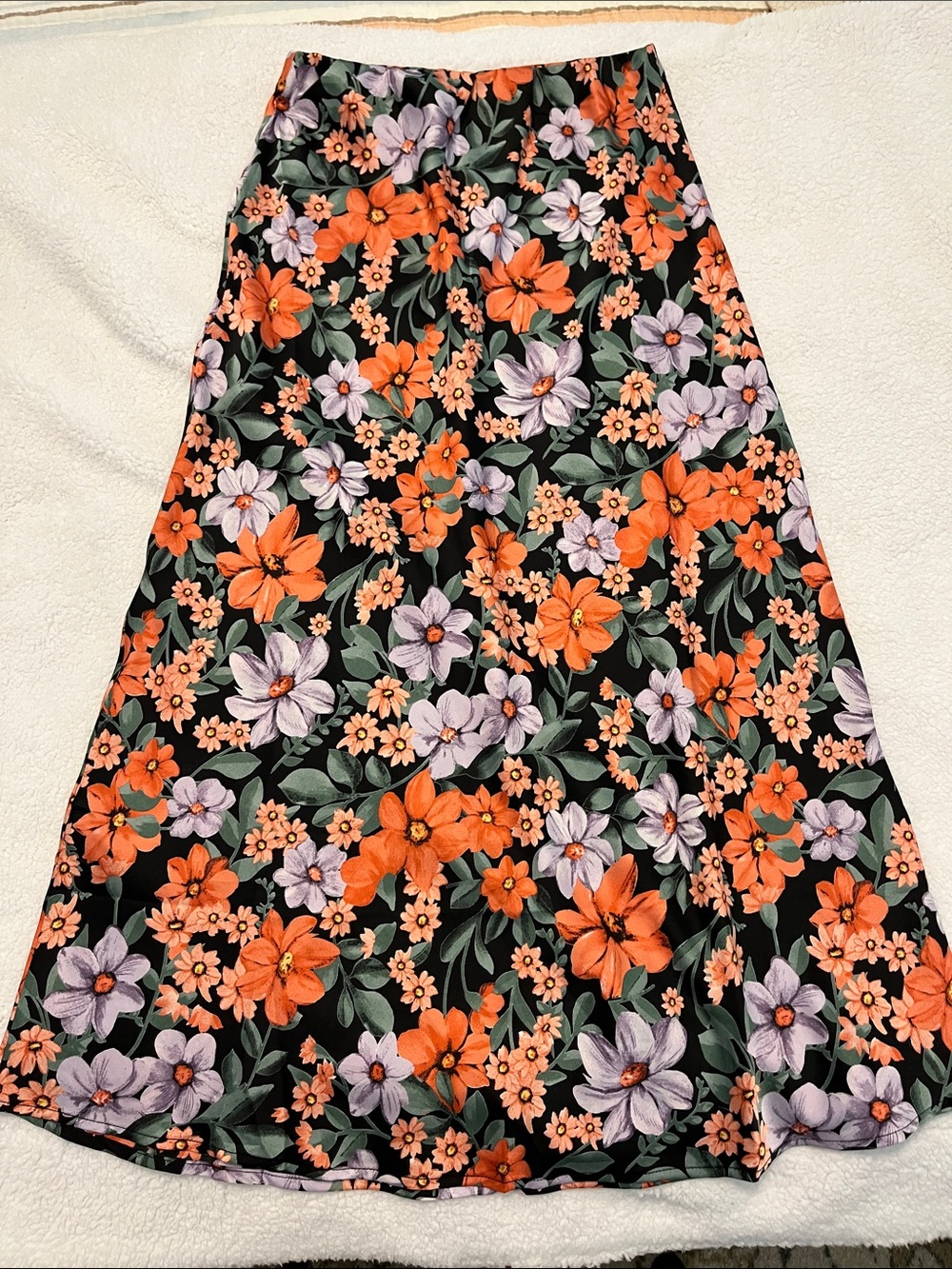 Floral A-Line Maxi Skirt - Black with coral & Lavender Flowers